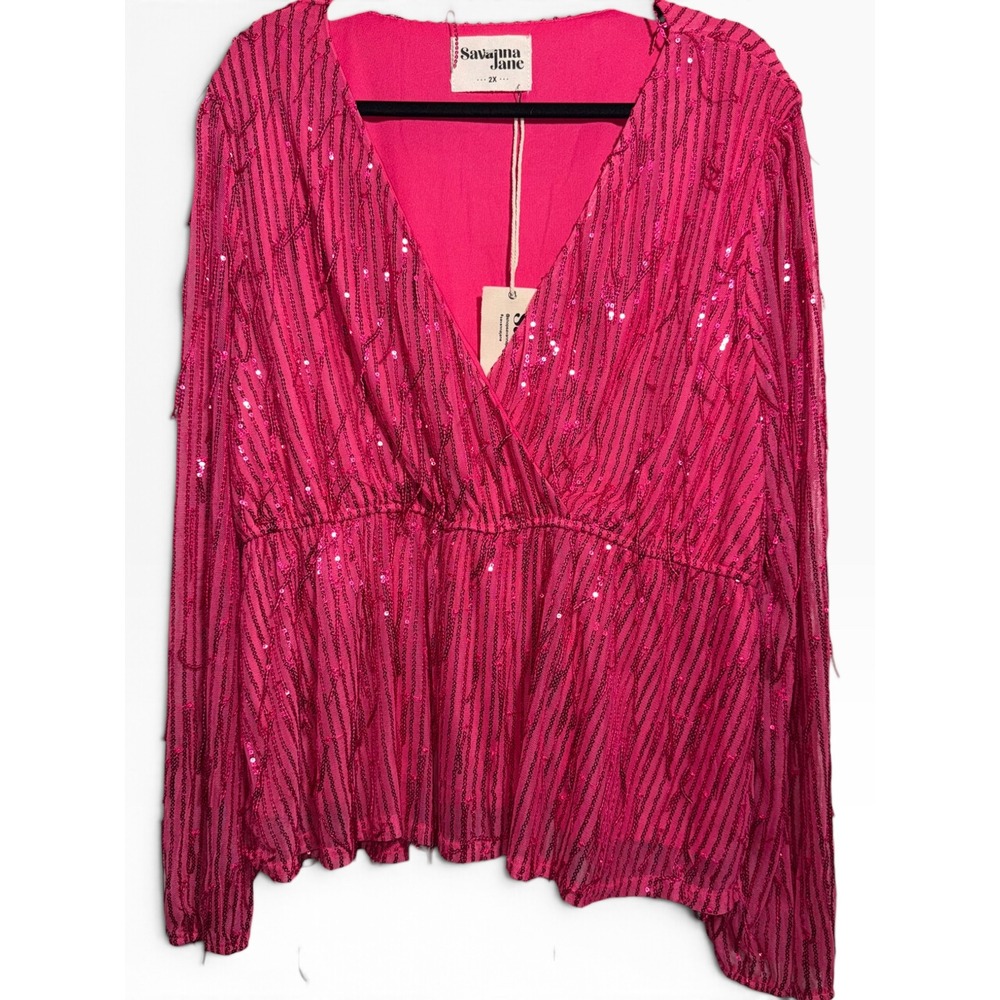 Savanna Jane Hot Pink Sequin Surplice V-Neck Top Plus Size 2X NWT